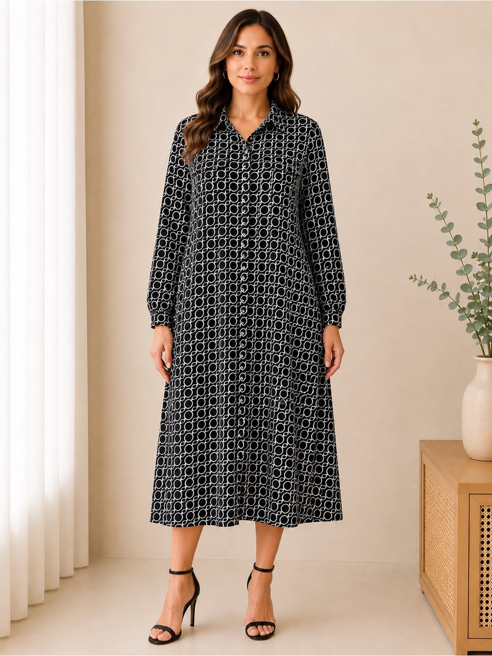 Collection XL Black White Geometric Print Shirt Dress Long Sleeve Midi Dress